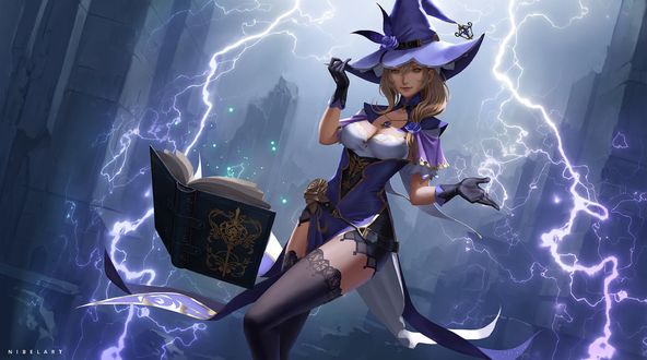 Обои на рабочий стол Lisa / Лиза в костюме ведьмы занимается магией, арт к игре Genshin Impact, by Nibelart