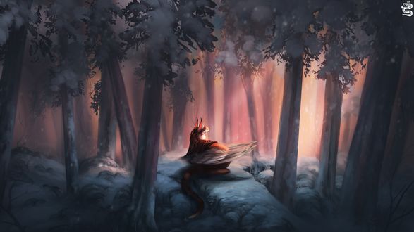 Обои на рабочий стол Животное лежит на снегу в лесу, by AshesDrawn