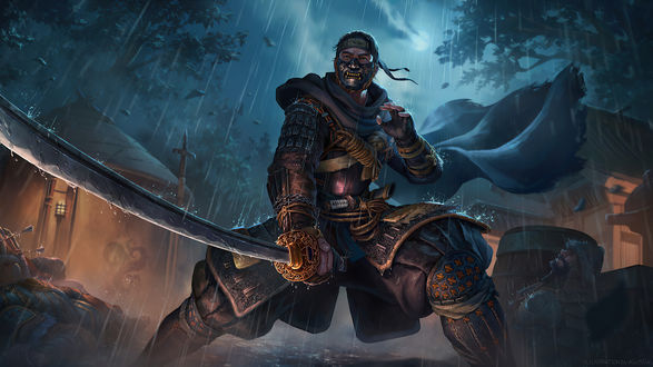 Обои на рабочий стол Самурай Jin Sakai с катаной в руке, арт из видеоигры Ghost of Tsushima / Призрак Цусимы, by Agus SW