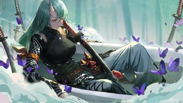 Обои на рабочий стол Девушка самурай Hoshiguma сидит в ванной, персонаж из видеоигры Arknights