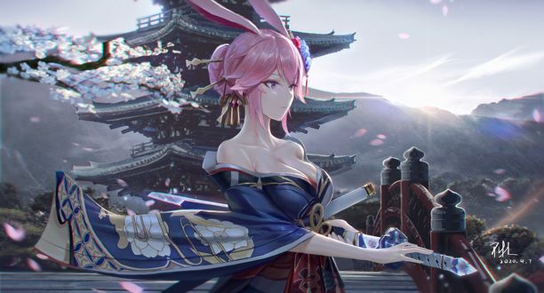 Обои на рабочий стол Yae Sakura / Сакура Яэ с катаной в руках, стоит на фоне пагоды и гор, персонаж из мобильной игры Honkai Impact, art by Zhehewofu Huayou Shemeguanx