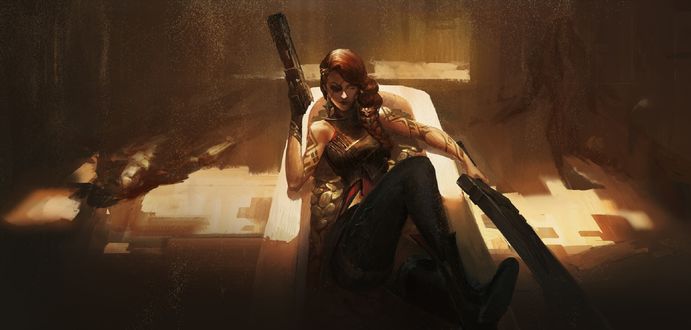 Обои на рабочий стол Наемник Samira / Самира с автоматами в комнате, by LEO
