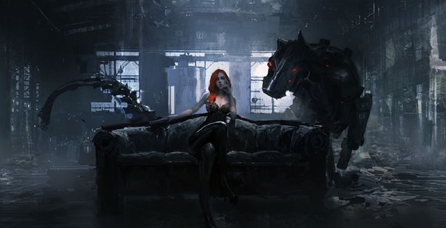 Обои на рабочий стол Вооруженная девушка и механическое животное в полуразрушенном здании, by LEO