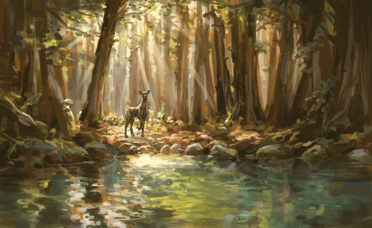 Обои на рабочий стол Нежный лес / Gentle forest Олененок в лесу возле озера, digital art by David Frasheski