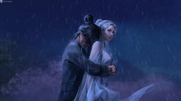 Обои на рабочий стол Влюбленные стоят ночью под дождем, by li miao