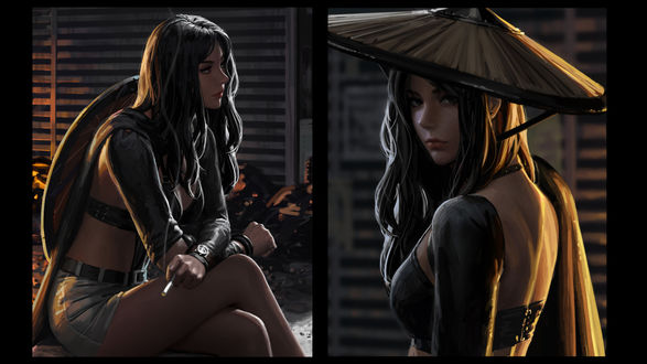 Обои на рабочий стол Девушка самурай в соломенной шляпе, remix art by GUWEIZ