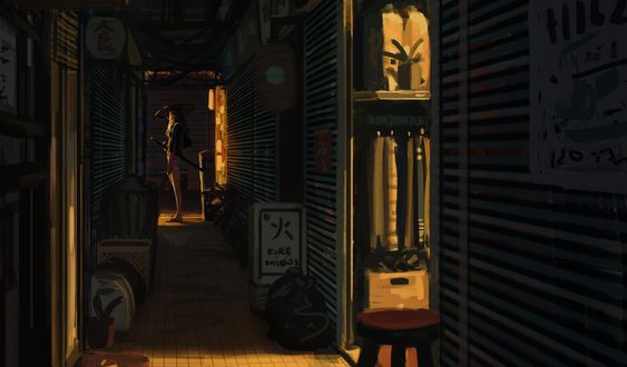 Обои на рабочий стол Девушка самурай стоит в коридоре, by GUWEIZ