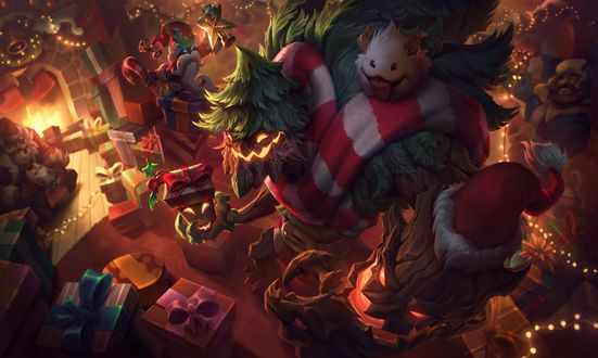 Обои на рабочий стол Braum / Браум, Graves / Грейвз, Maokai / Маокай, Poro / Поро и Veigar / Вейгар из игры League of Legends