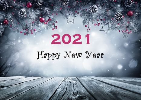 Обои на рабочий стол Над числом 2021 еловые ветки с шишками, ягодами и новогодними украшениями,(Happy New Year / Счастливого Нового Года)
