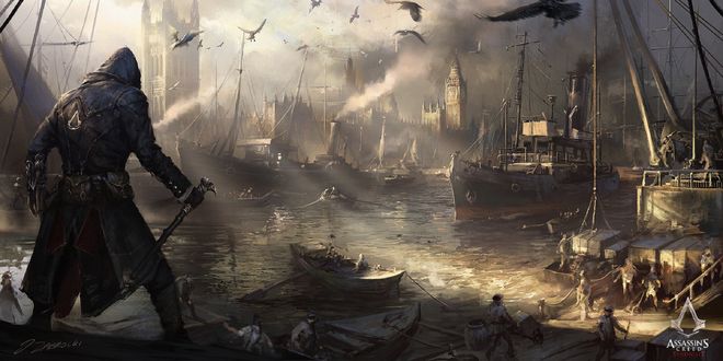 Обои на рабочий стол Ассасин на рыбацком причале Лондона, арт к игре Assassin’s Creed :Syndicate / Кредо Убийцы: Синдикат, by Darek Zabrocki