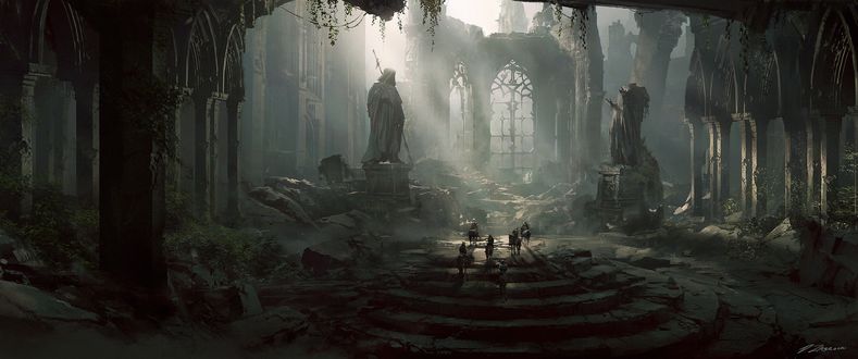 Обои на рабочий стол Воины на лошадях стоят в разрушенном замке, by Darek Zabrocki