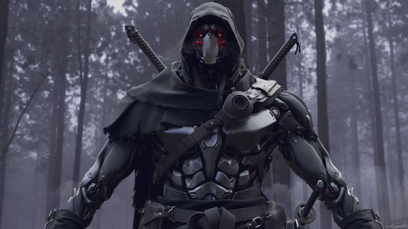Обои на рабочий стол Cyber Ninja / Кибер-ниндзя в лесу, by Michael Weisheim Beresin