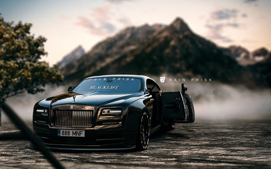 Обои на рабочий стол Черный Rolls-Royce Wraith стоит на фоне гор, by Rain Prisk