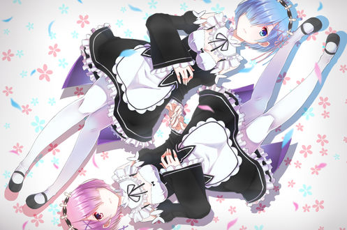 Обои на рабочий стол Rem / Рем и Ram / Рам из аниме Re:Zero kara Hajimeru Isekai Seikatsu / Re:Zero. Жизнь с нуля в альтернативном мире