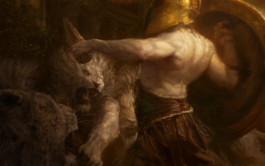 Обои на рабочий стол Гладиатор в битве со львами, by Campbell White