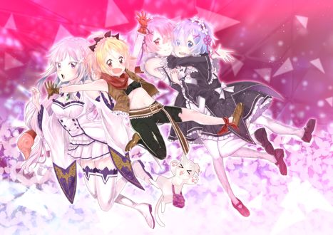 Обои на рабочий стол Emilia / Эмилия, Felt / Фелт, Puck / Пак Ram / Рам и Rem / Рем из аниме Re:Zero kara Hajimeru Isekai Seikatsu / Re:Zero. Жизнь с нуля в альтернативном мире