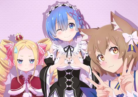 Обои на рабочий стол Beatrice / Беатрис, Rem / Рем и Felix Argyle / Феликс Аргайл из аниме Re:Zero kara Hajimeru Isekai Seikatsu / Re:Zero. Жизнь с нуля в альтернативном мире
