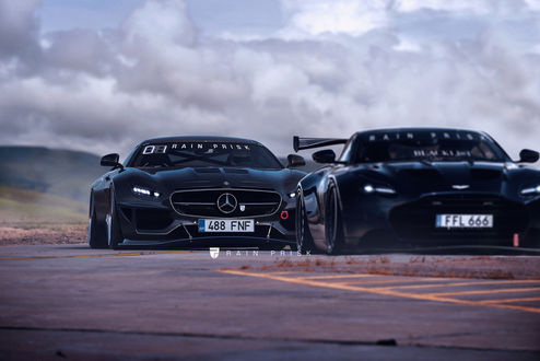 Обои на рабочий стол Спортивные авто Aston Martin DB11 и Mercedes-AMG GT на трассе, by Rain Prisk