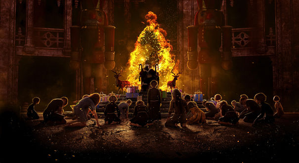 Обои на рабочий стол Дети сидят на коленях возле Santa Dark / Санты Тьмы за которым стоит в огне рождественская елка, by Jake Clark