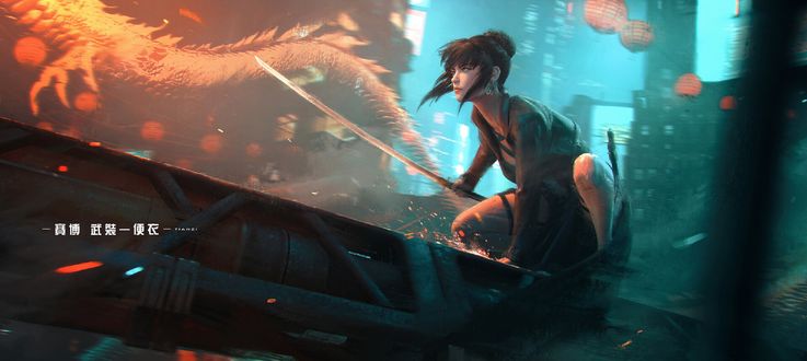 Обои на рабочий стол Девушка с мечом в ночном городе, by tian zi