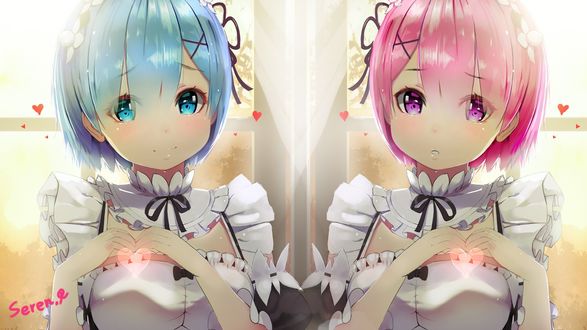 Обои на рабочий стол Rem / Рем и Ram / Рам из аниме Re:Zero kara Hajimeru Isekai Seikatsu / Re:Zero. Жизнь с нуля в альтернативном мире