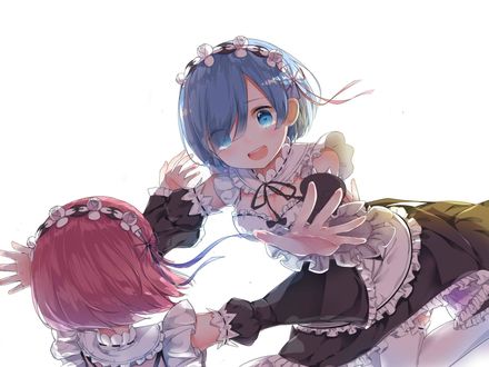 Обои на рабочий стол Rem / Рем и Ram / Рам из аниме Re:Zero kara Hajimeru Isekai Seikatsu / Re:Zero. Жизнь с нуля в альтернативном мире