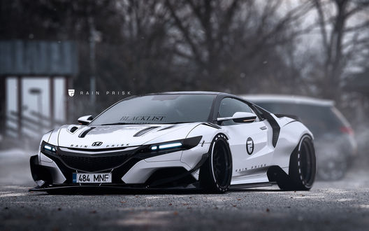 Обои на рабочий стол Бело-черный спорткар Honda NSX на дороге, by Rain Prisk