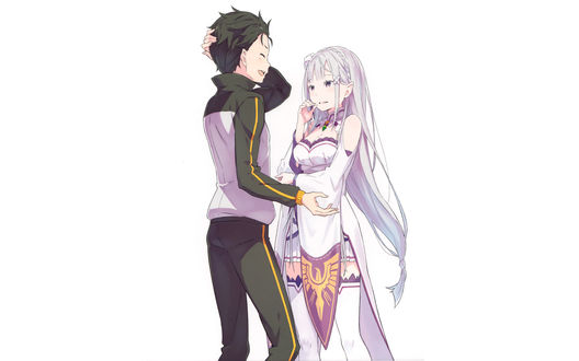 Обои на рабочий стол Emilia / Эмилия, Subaru Natsuki / Субару Нацуки из аниме Re:Zero kara Hajimeru Isekai Seikatsu / Re:Zero. Жизнь с нуля в альтернативном мире