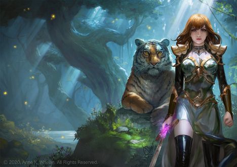 Обои на рабочий стол Богиня Katarina / Катарина с тигром, арт к книге Katarina : The One Goddess, by Ina Wong
