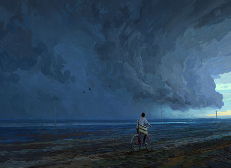 Обои на рабочий стол Парень на велосипеде смотрит на надвигающуюся бурю, by Artem Chebokha