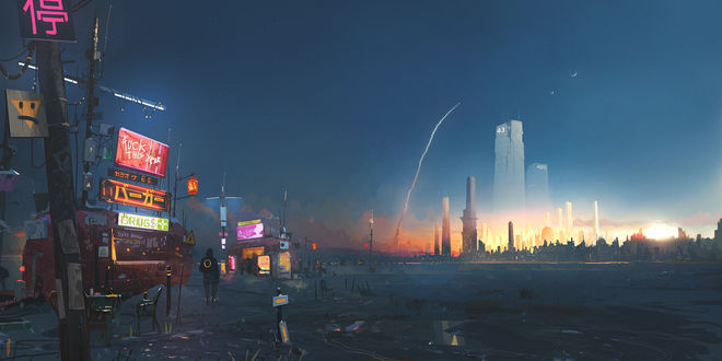 Обои на рабочий стол Ракета летящая над вечерним городом, futuristic art by Ismail Inceoglu