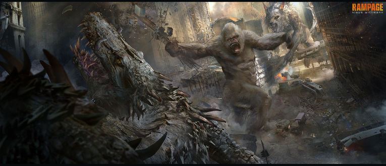 Обои на рабочий стол Битва монстров в городе, арт к фильму Рэмпейдж / Rampage, by Klaus Wittmann