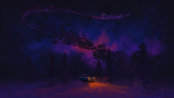 Обои на рабочий стол Рождественская ночь в зимнем лесу, digital art by BisBiswas