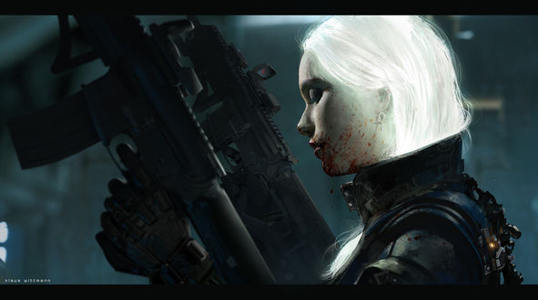 Обои на рабочий стол Белокурая девушка-солдат стоит с автоматом, by Klaus Wittmann