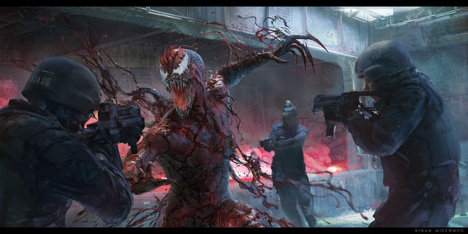 Обои на рабочий стол Carnage / Карнаж в бою со спецназом, арт к Marvel Comics, by Klaus Wittmann