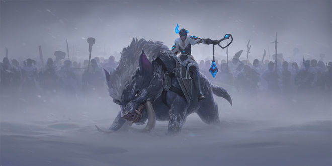 Обои на рабочий стол Sejuani / Седжуани сидит верхом на вепре, арт к игре Legends of Runeterra, by SIXMOREVODKA STUDIO
