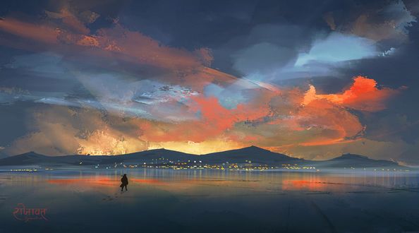 Обои на рабочий стол Мужчина идет по замерзшему озеру, digital art by Surendra Rajawat