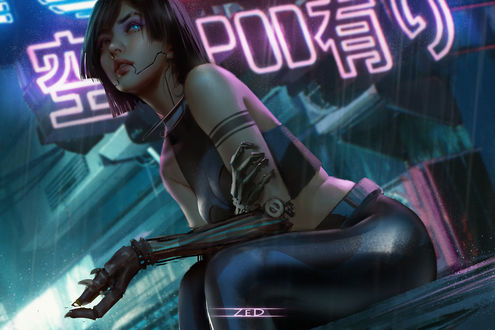 Обои на рабочий стол Девушка-Cyberpunk / Киберпанк сидит под дождем в ночном городе, by ZeD