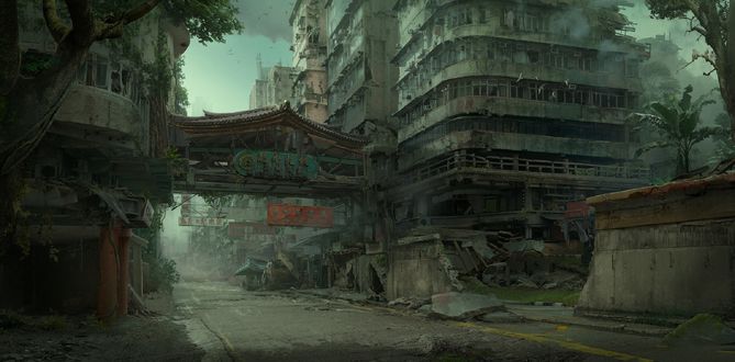 Обои на рабочий стол Разрушенный Hong Kong / Гонг Конг среди джунглей, by Daniel Romanovsky