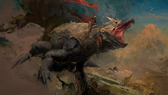 Обои на рабочий стол Всадник с копьем верхом на ящере, by Daniel Romanovsky