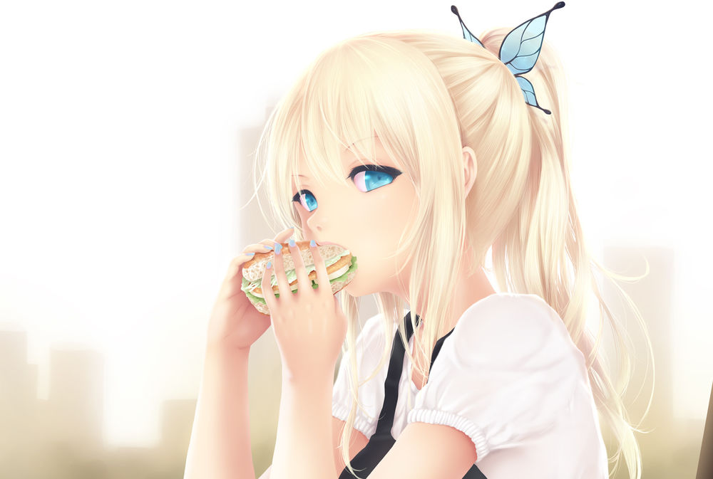 Обои для рабочего стола Sena Kashiwazaki / Сэна Касивадзаки ест бургер, персонаж из аниме Boku wa Tomodachi ga Sukunai / У меня мало друзей, art by Cait