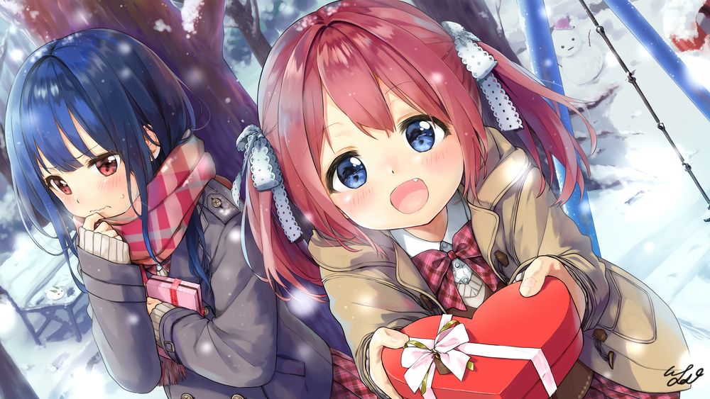 Обои для рабочего стола Две девочки дарят подарки на улице зимой
