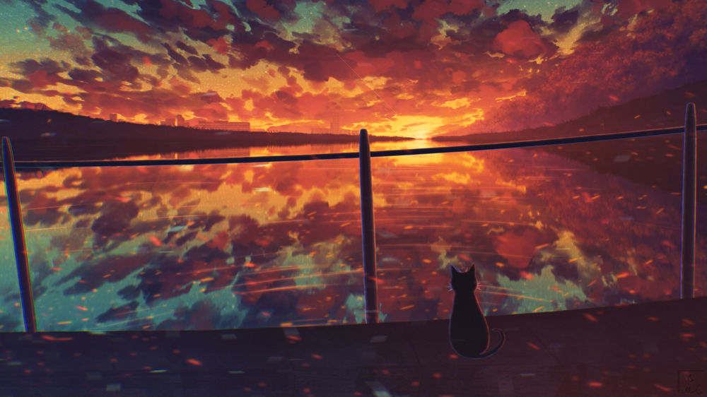 Обои для рабочего стола Кошка сидит у водоема во время заката, by Miloecute