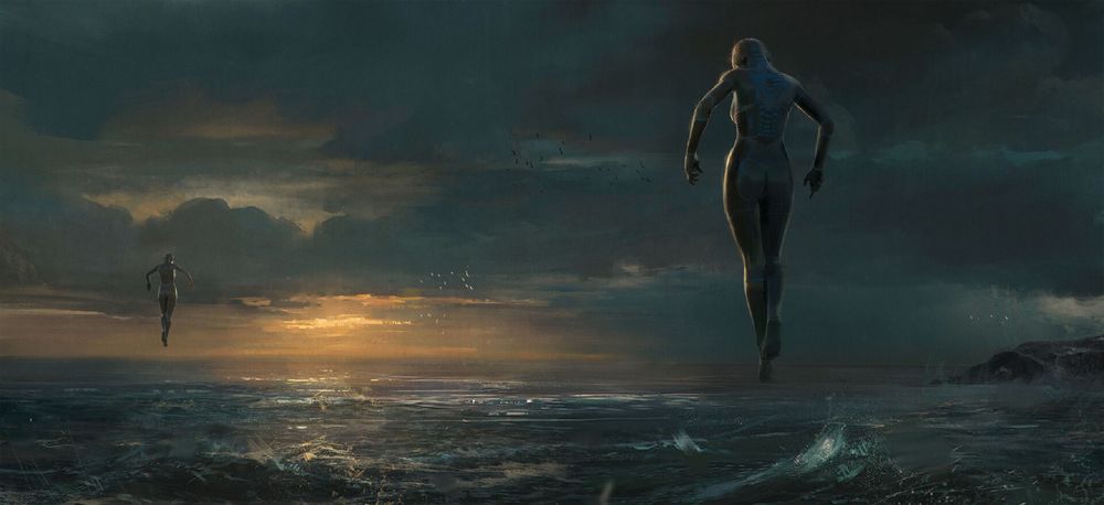 Обои для рабочего стола Инопланетяне парят в воздухе над морем, by Emilis Emka