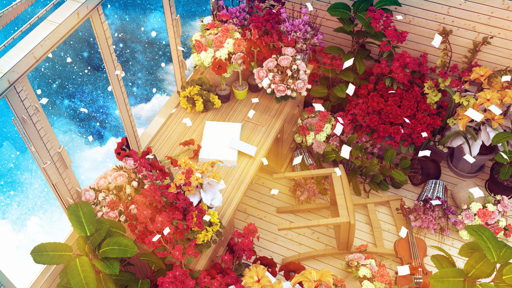 Обои для рабочего стола Перевернутый стул, тетрадь, скрипка и цветы в горшках в комнате, из которой открывается вид на космос, by K&P