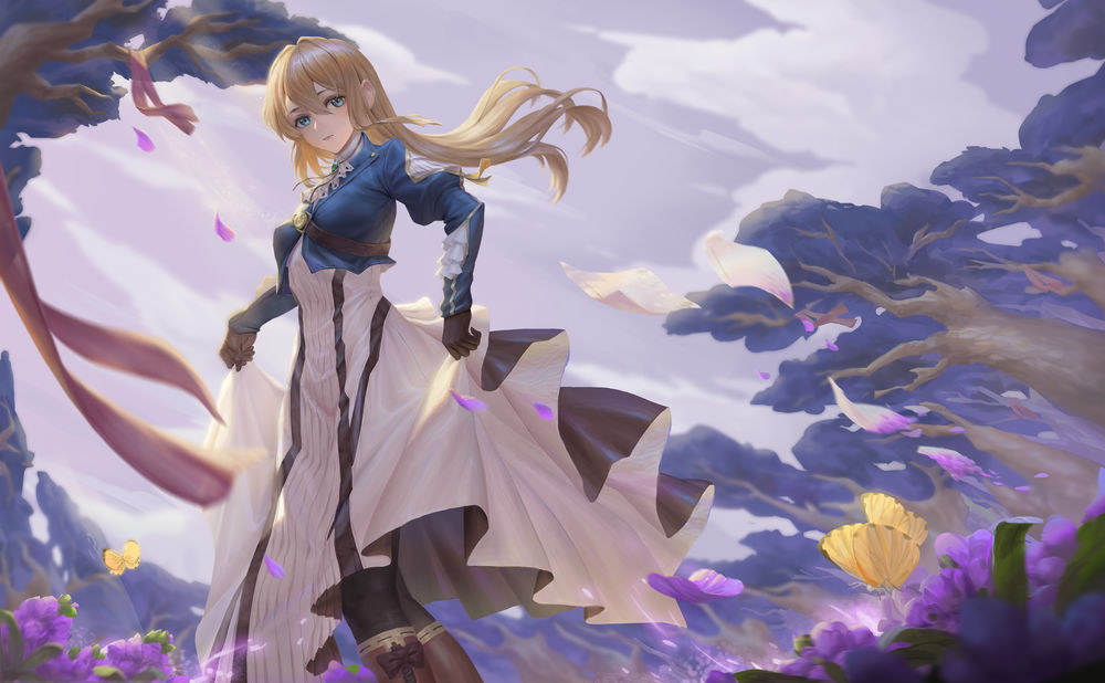 Обои для рабочего стола Violet Evergarden / Вайолет Эвергардэн на фоне неба, главная героиня из аниме Violet Evergarden, art by O Ni Sama