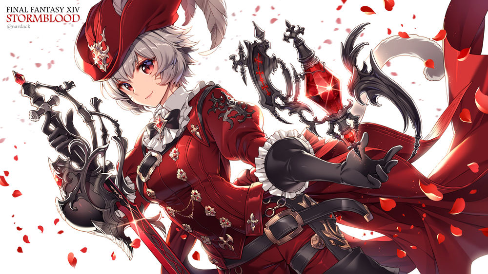 Обои для рабочего стола Девушка-кошка расы Miqo’te, игровой класс Red Mage, персонаж из дополнения Stormblood к MMORPG игре Final Fantasy XIV, art by Nardack
