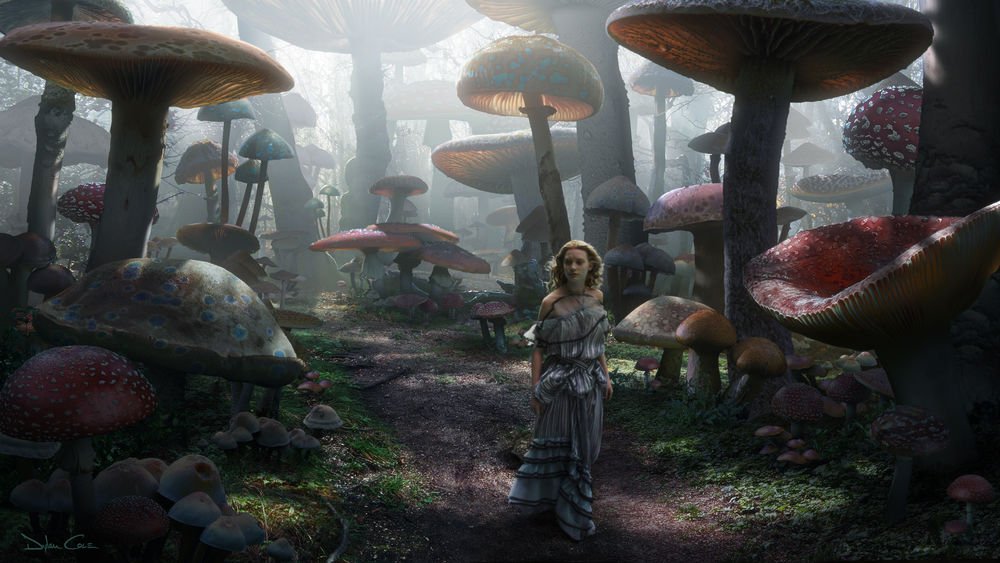 Обои для рабочего стола Алиса идет по тропинке в грибном лесу, арт к фильму Алиса в стране чудес / Alice in Wonderland, by Dylan Cole