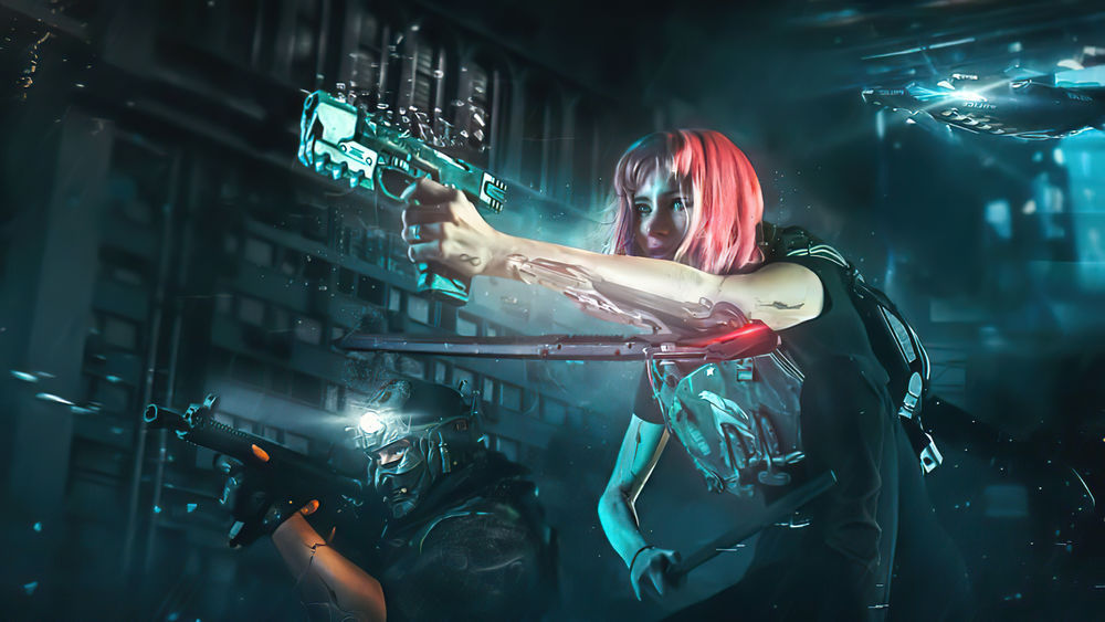 Обои для рабочего стола Девушка-Cyberpunk / Киберпанк с пистолетом в руке, арт к игре Cyberpunk 2077