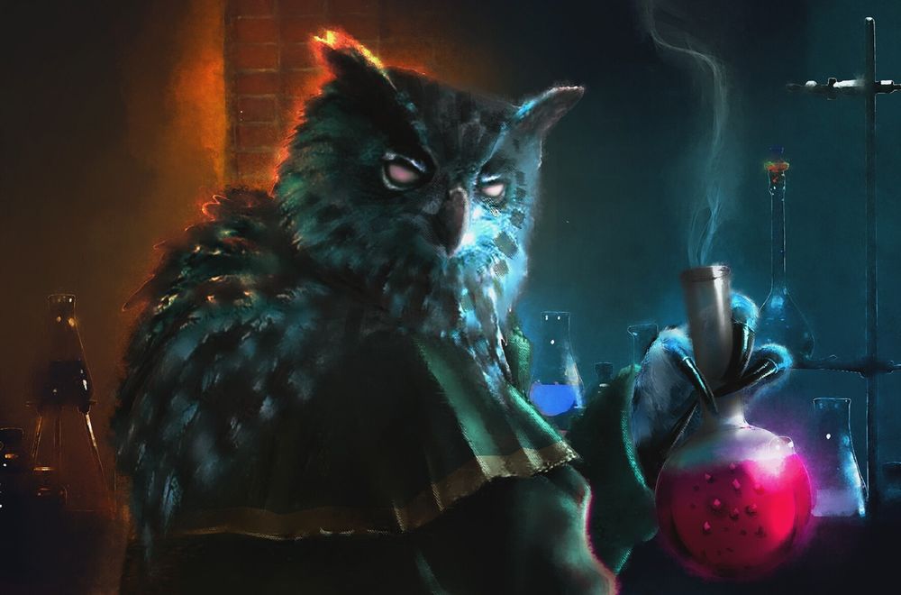 Обои для рабочего стола Cова - алхимик с колбой, by Charlie V Nario